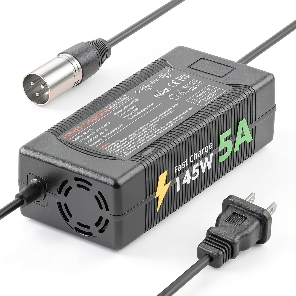 Sanjiatong 24V Battery Charger Fast Charging XLR Connector shown plugged into a mobility scooter charging port with clear indicator lights visible