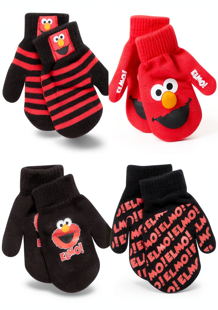 'Sesame Street toddler boys mittens featuring Elmo and Big Bird designs'